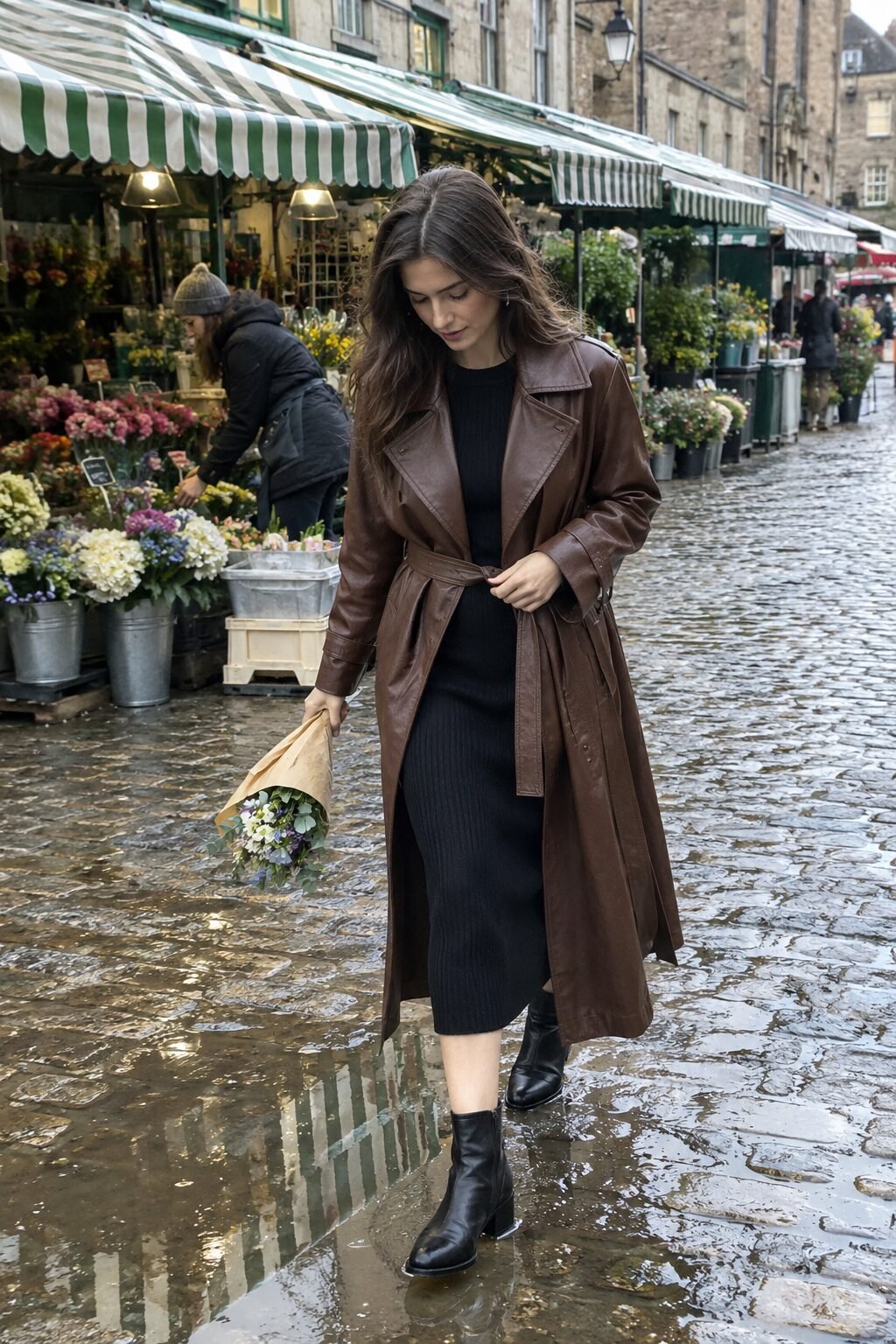 italian fall outfit: chestnut faux leather trench belted over a ribbed knit dress with black ankle boots