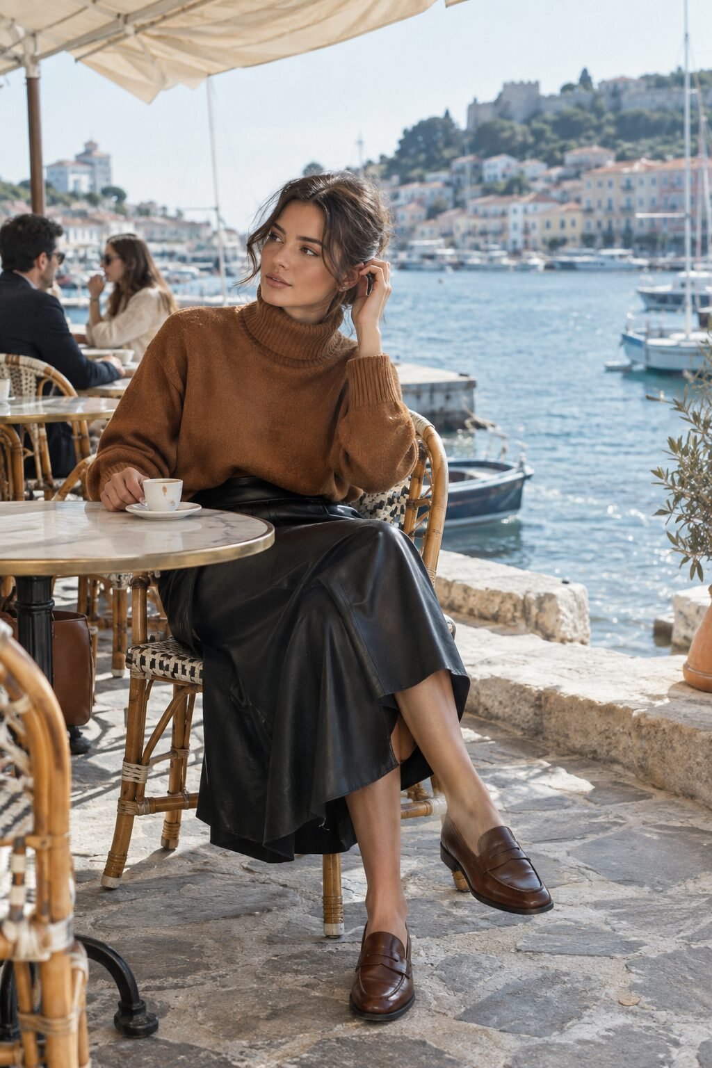 best fall outfit 2026: cream cable-knit sweater with cognac leather midi skirt