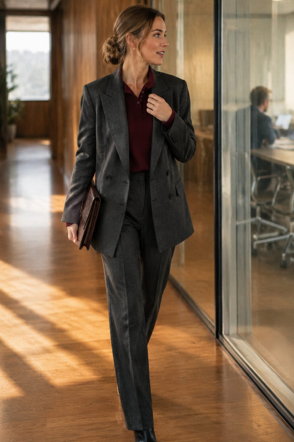 old money blazer outfit: double-breasted charcoal blazer with a deep burgundy cashmere sweater