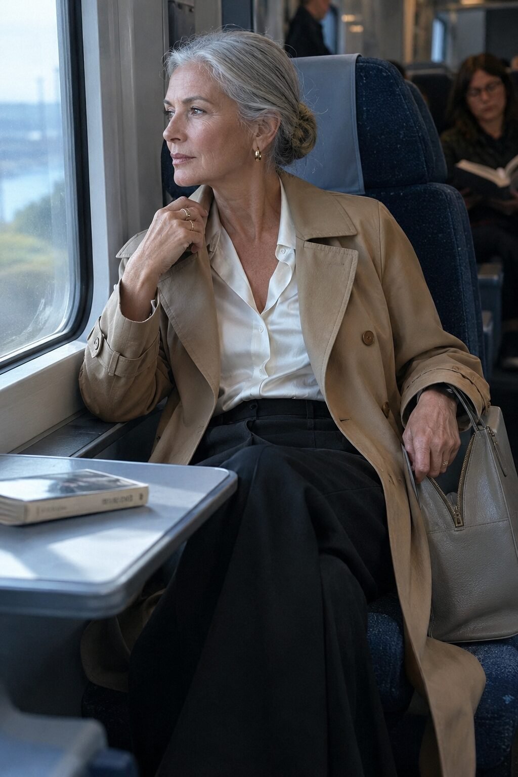 travel capsule wardrobe for women in their 70s: black trousers, ivory blouse, and camel trench layered for a long travel day