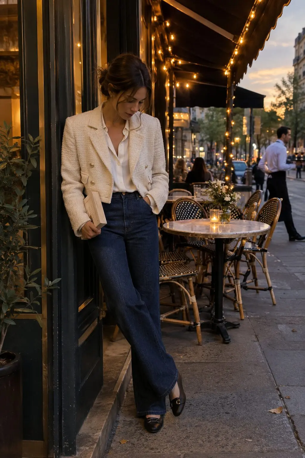 casual bistro date outfit: cropped ivory tweed blazer, silk blouse, and dark straight-leg denim
