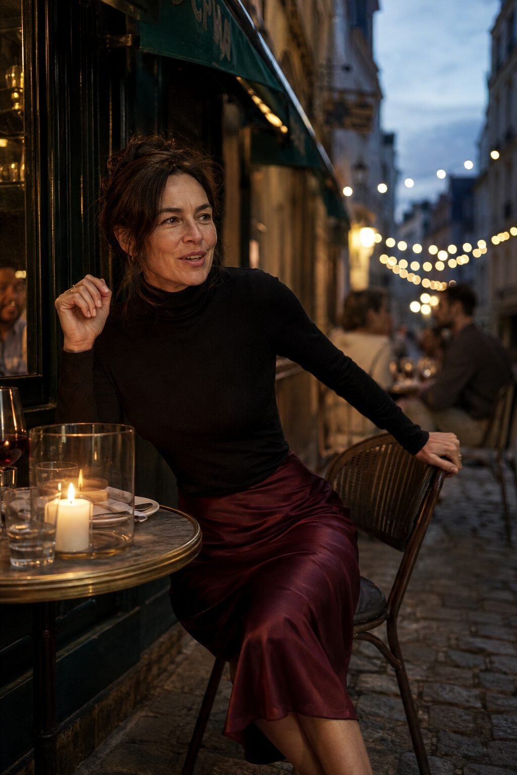 elegant Halloween date night outfit for women over 40: burgundy silk slip midi skirt with a black turtleneck
