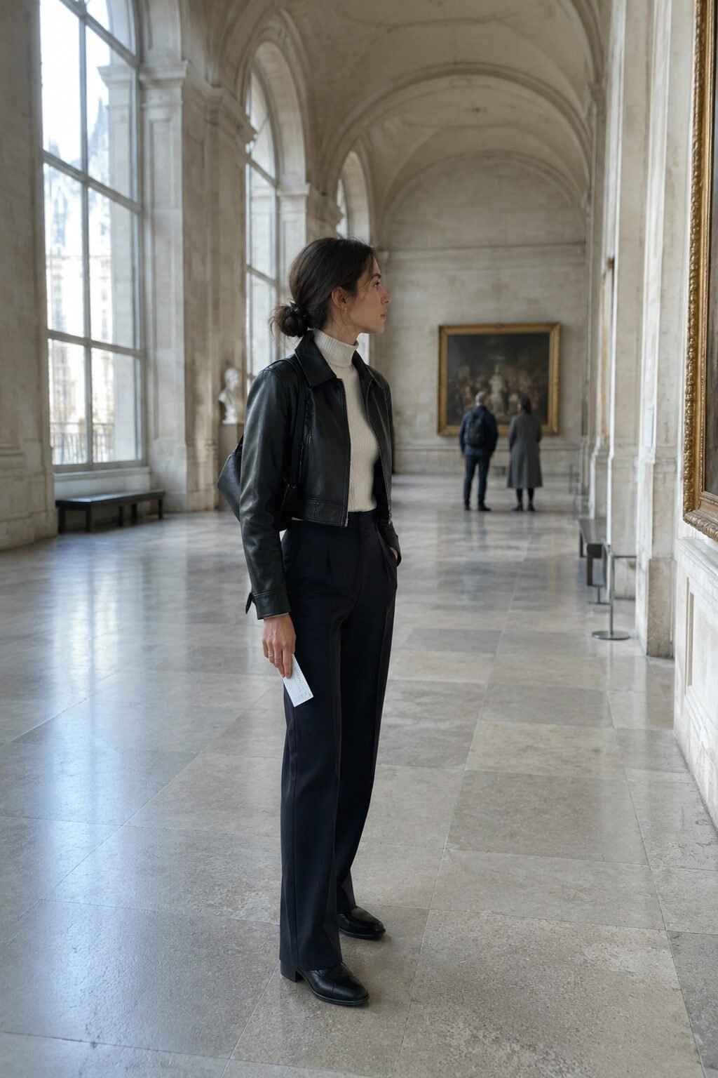 parisian chic fall outfit: black cropped leather moto jacket, off-white cashmere turtleneck, and navy tailored trousers
