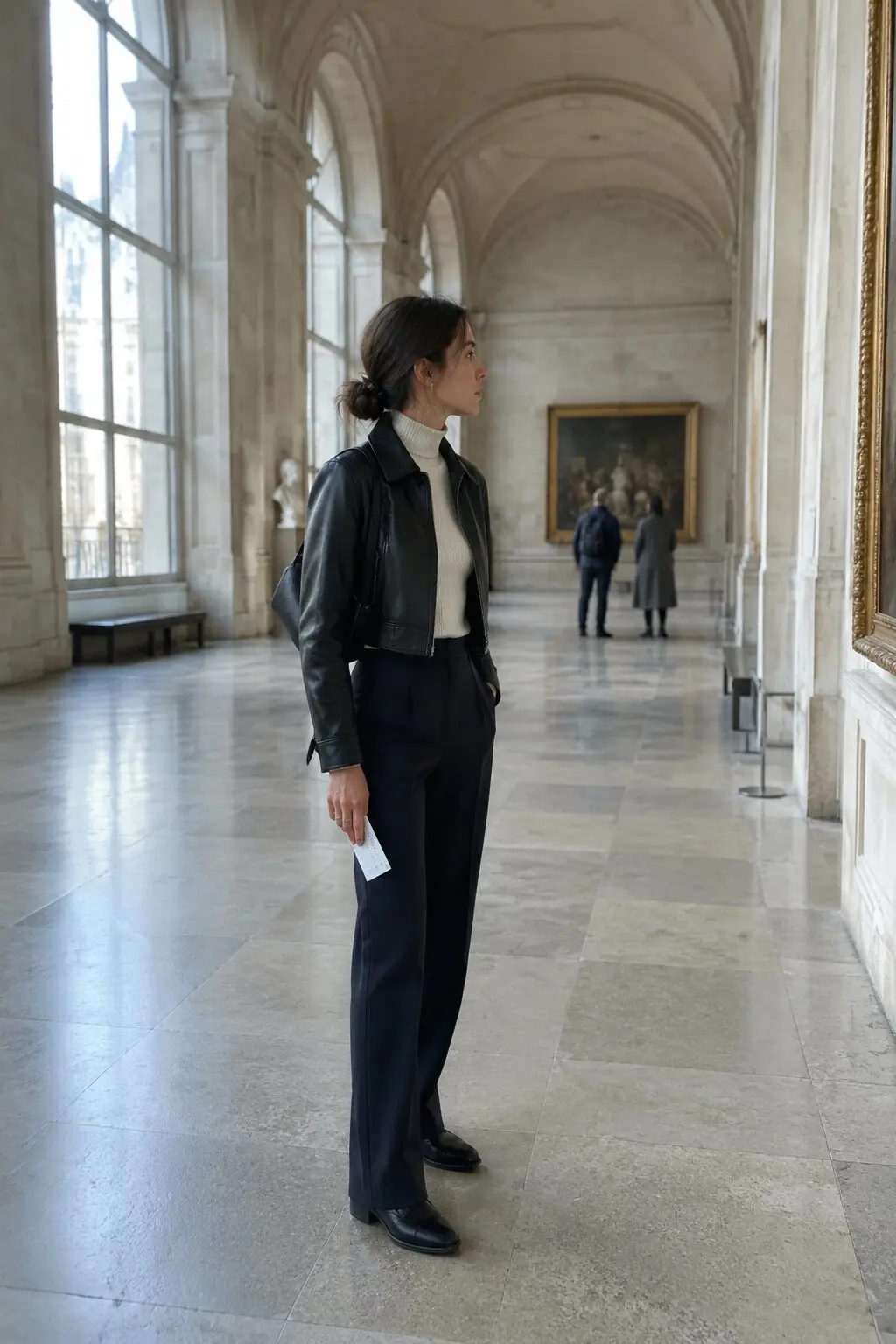 parisian chic fall outfit: black cropped leather moto jacket, off-white cashmere turtleneck, and navy tailored trousers