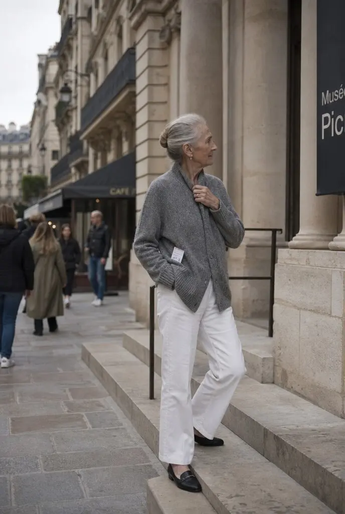 elegant fall museum outfit for women in their 70s: grey cardigan over white straight-leg trousers