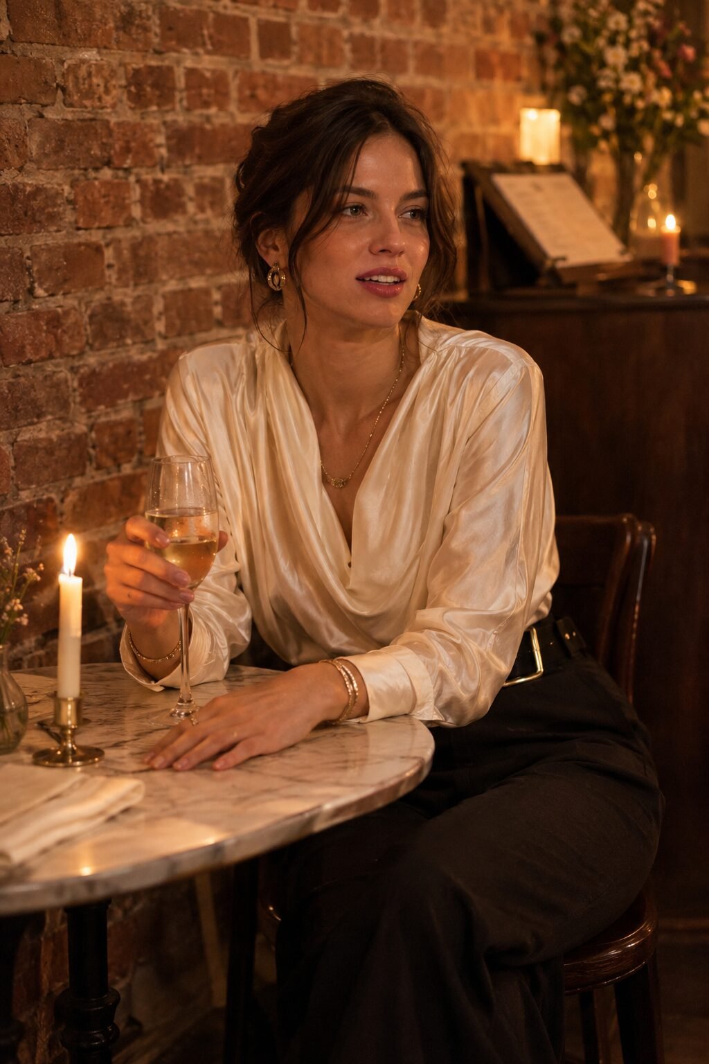 elegant halloween date night outfit: ivory silk blouse and black tailored trousers with gold accents