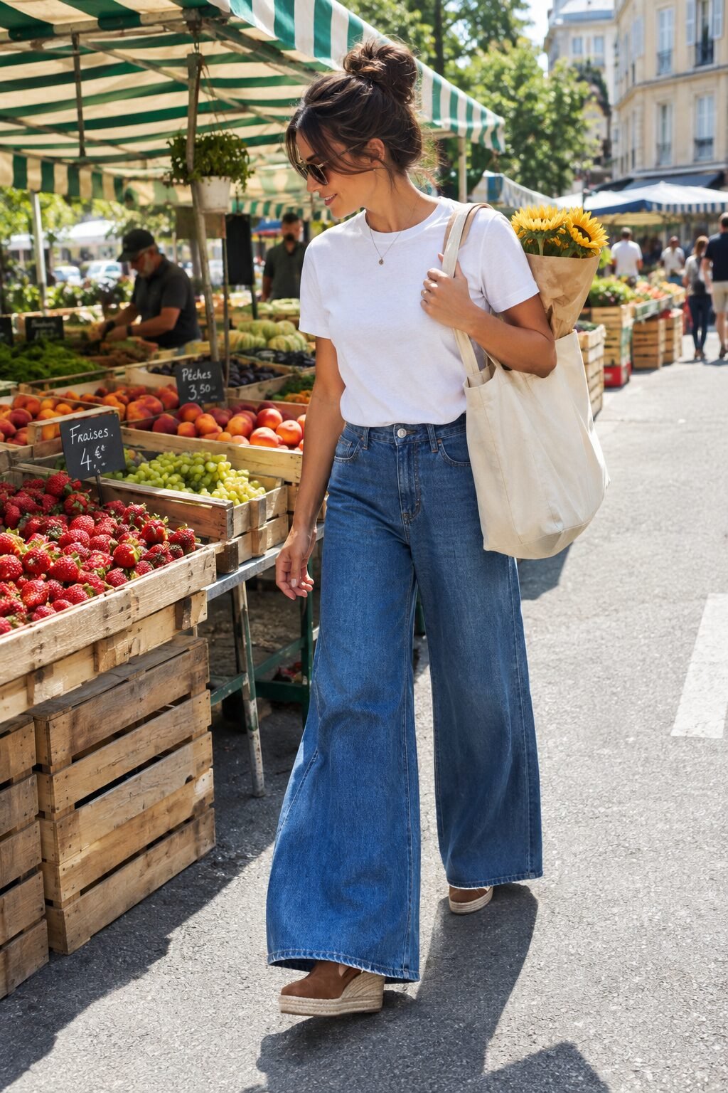 comfortable elegant heels for weekends: brown suede espadrille wedges with wide-leg denim and a white tee