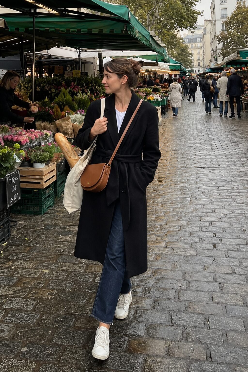how to style a black trench coat with jeans: belted black trench over straight-leg indigo jeans, a simple tee, and a cognac bag