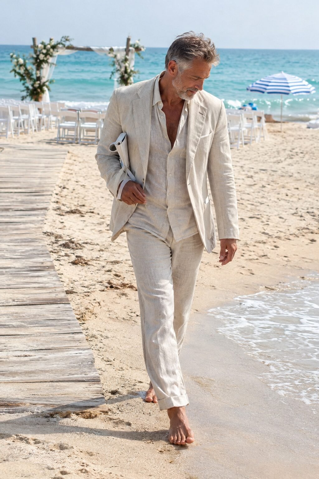 wedding guest attire for men over 50: unstructured sand linen suit with linen shirt and coastal blue suede loafers for a beach wedding