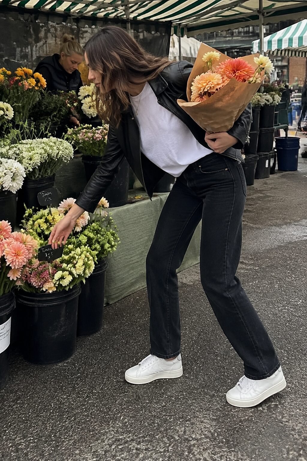 how to style a black leather jacket with dark wash jeans and a white tee for weekend errands