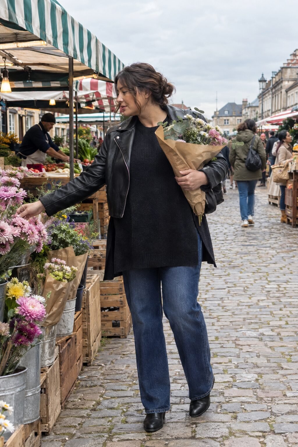 plus size fall outfit idea: charcoal tunic sweater, dark straight-leg denim, and a black cropped moto jacket
