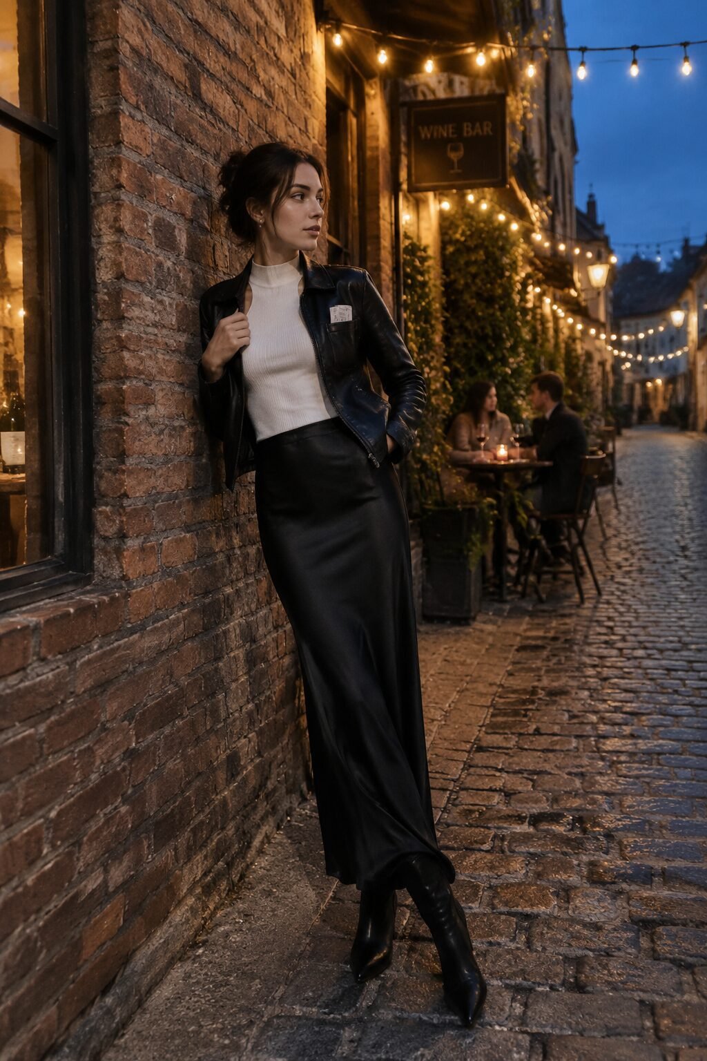 carolyn bessette style night out outfit: black leather moto jacket, black silk slip skirt, and ivory ribbed tank
