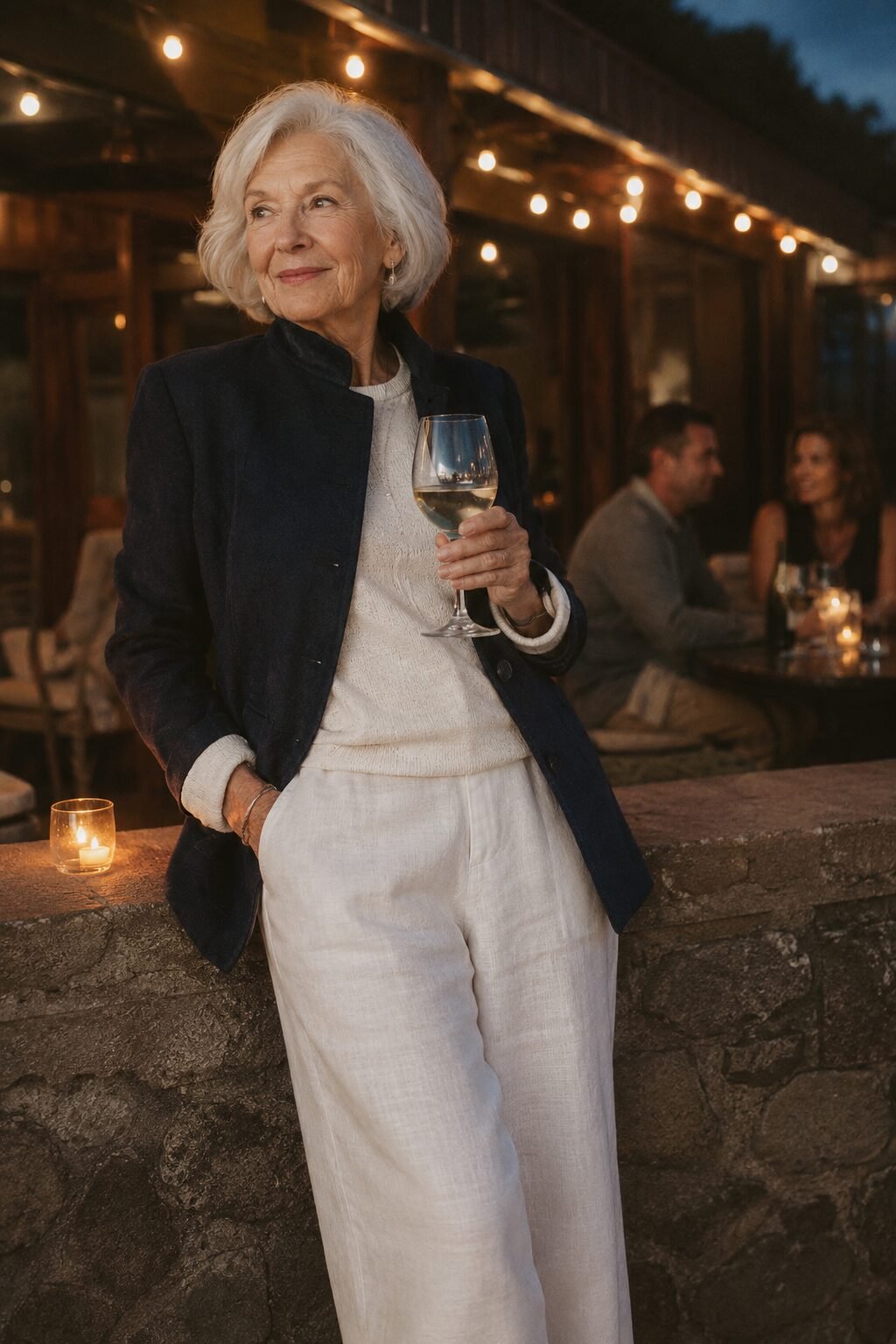 how to dress in your 70s: navy wool blazer over white wide-leg linen trousers