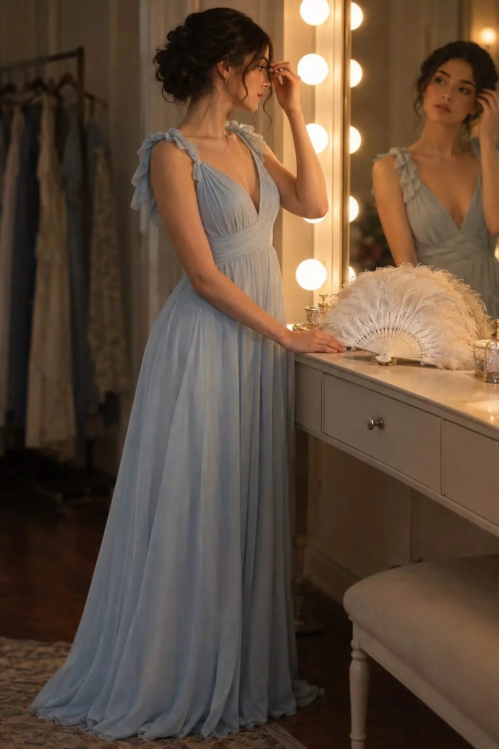 old hollywood prom dress: sky blue chiffon a-line gown with pleated v-neck