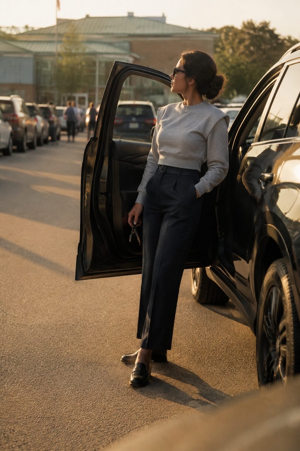 elegant outfits for running late: heathered grey cropped sweatshirt with tailored navy trouser for school pickup