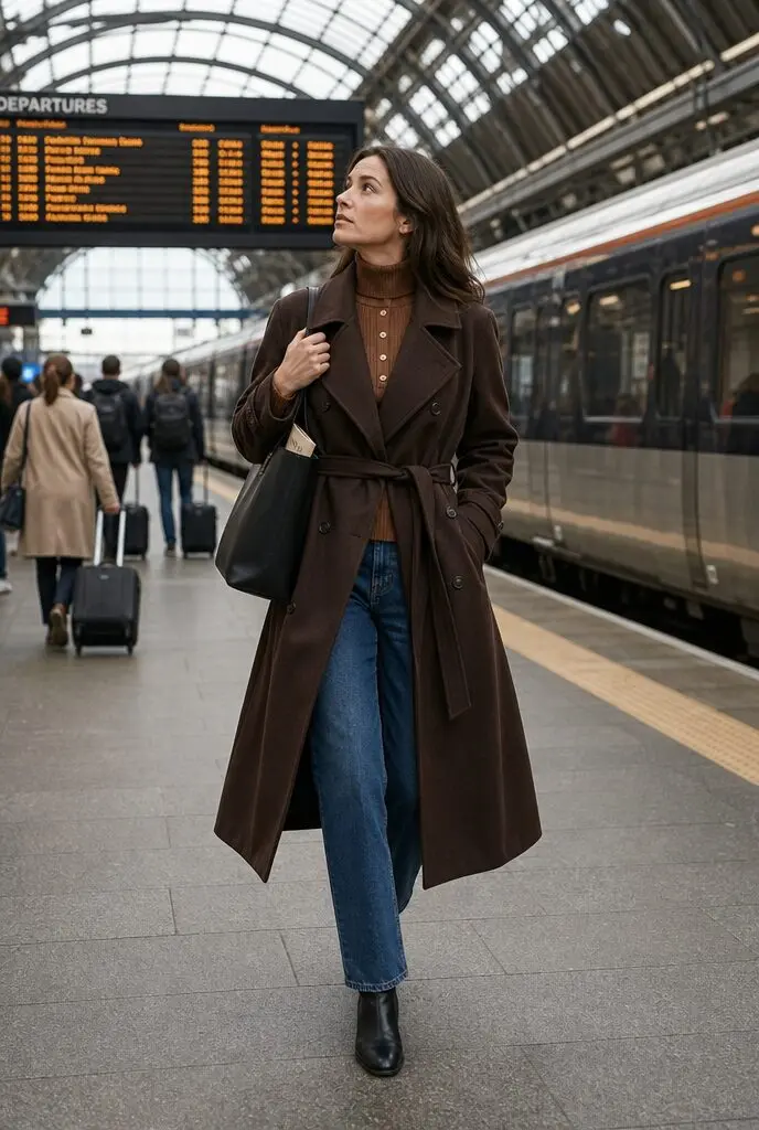 chocolate brown trench coat over a caramel turtleneck and jeans with a black leather tote, travel day capsule outfit