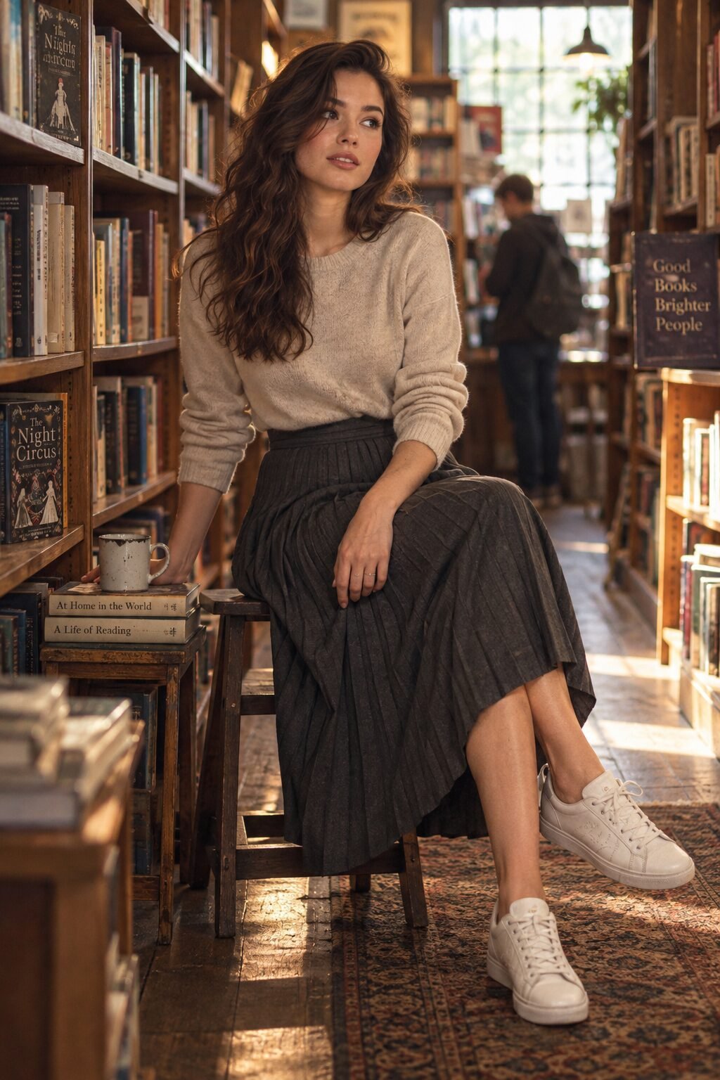 how to style white sneakers with a pressed pleated midi skirt and knit sweater