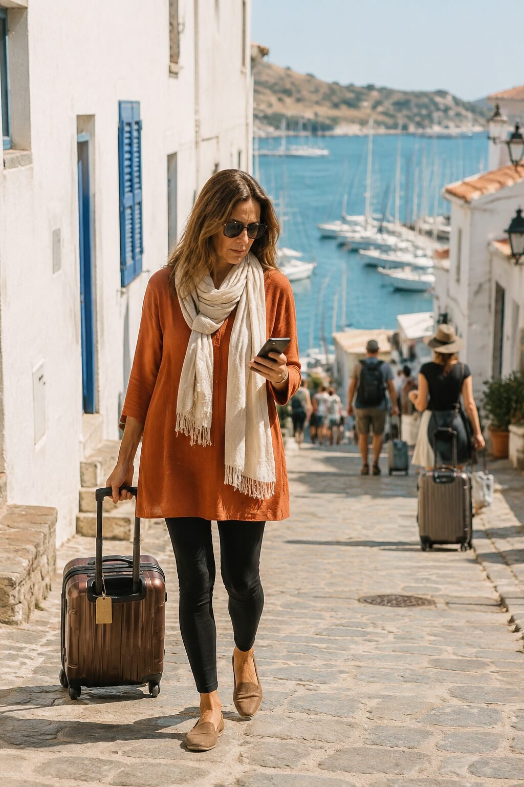 woman styling ponte leggings with a terracotta tunic top for a travel-friendly outfit