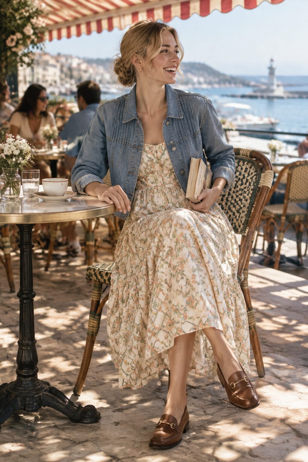 spring brunch outfit for meeting his parents: pastel floral midi dress layered under a cropped denim jacket