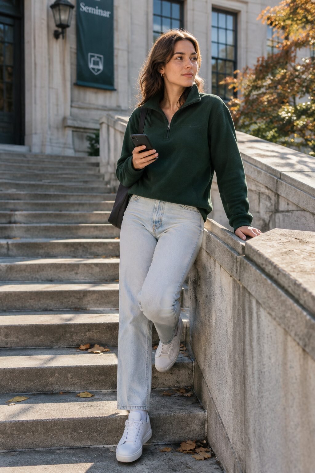 chilly morning college outfit: forest green half-zip fleece pullover with straight-leg jeans and white sneakers