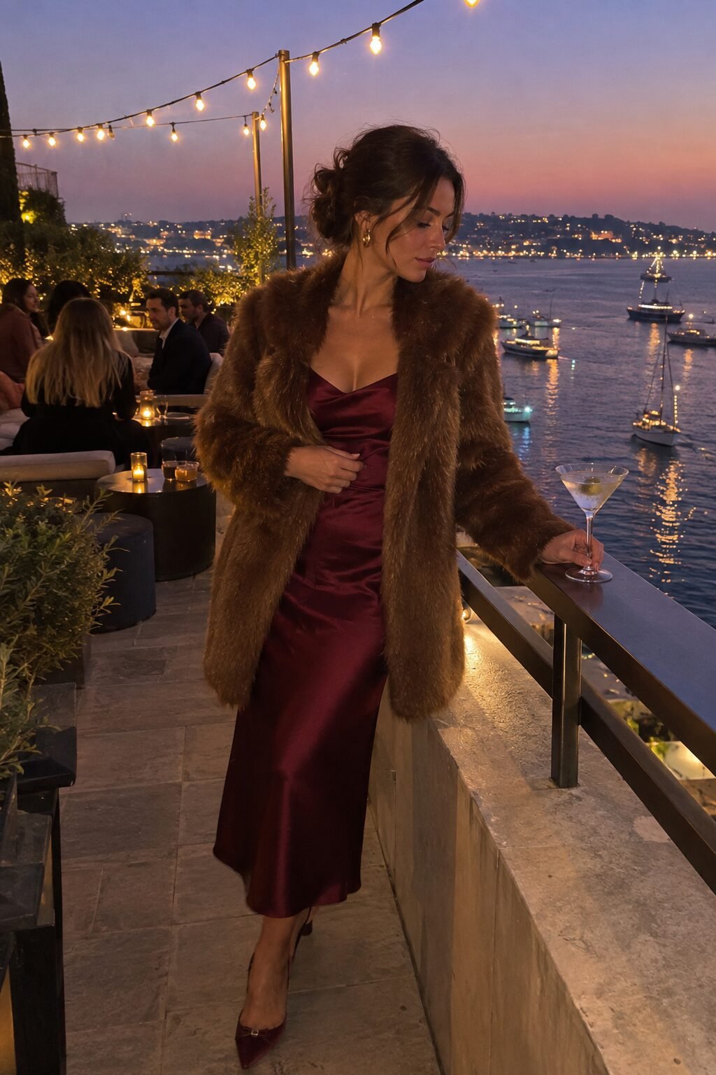 film noir starlet Halloween outfit: wine red silk slip dress with cedar brown faux fur coat