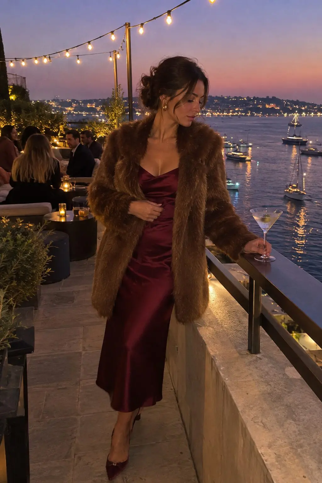 film noir starlet Halloween outfit: wine red silk slip dress with cedar brown faux fur coat