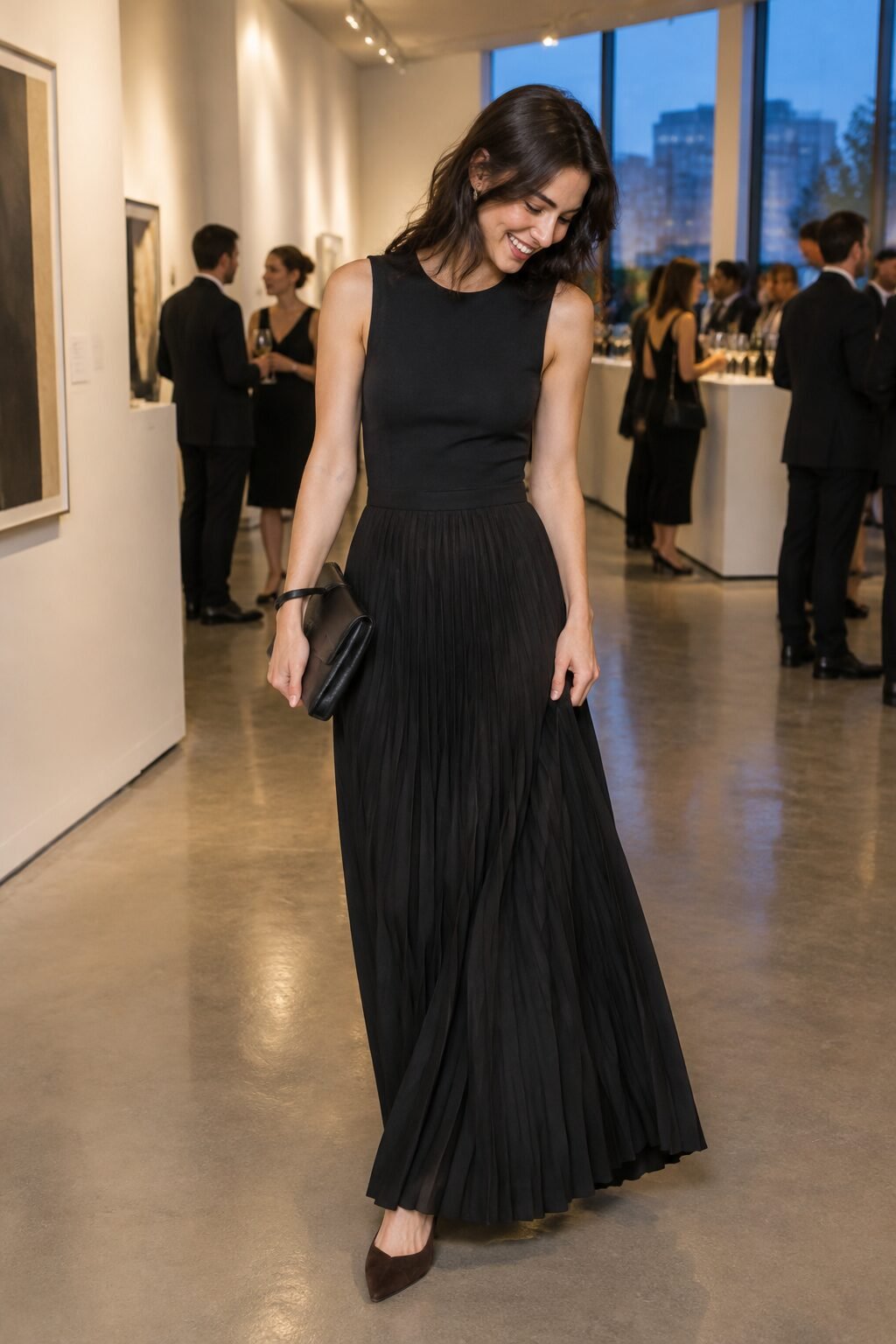 loft wedding guest outfit: black pleated maxi dress with brown suede pumps