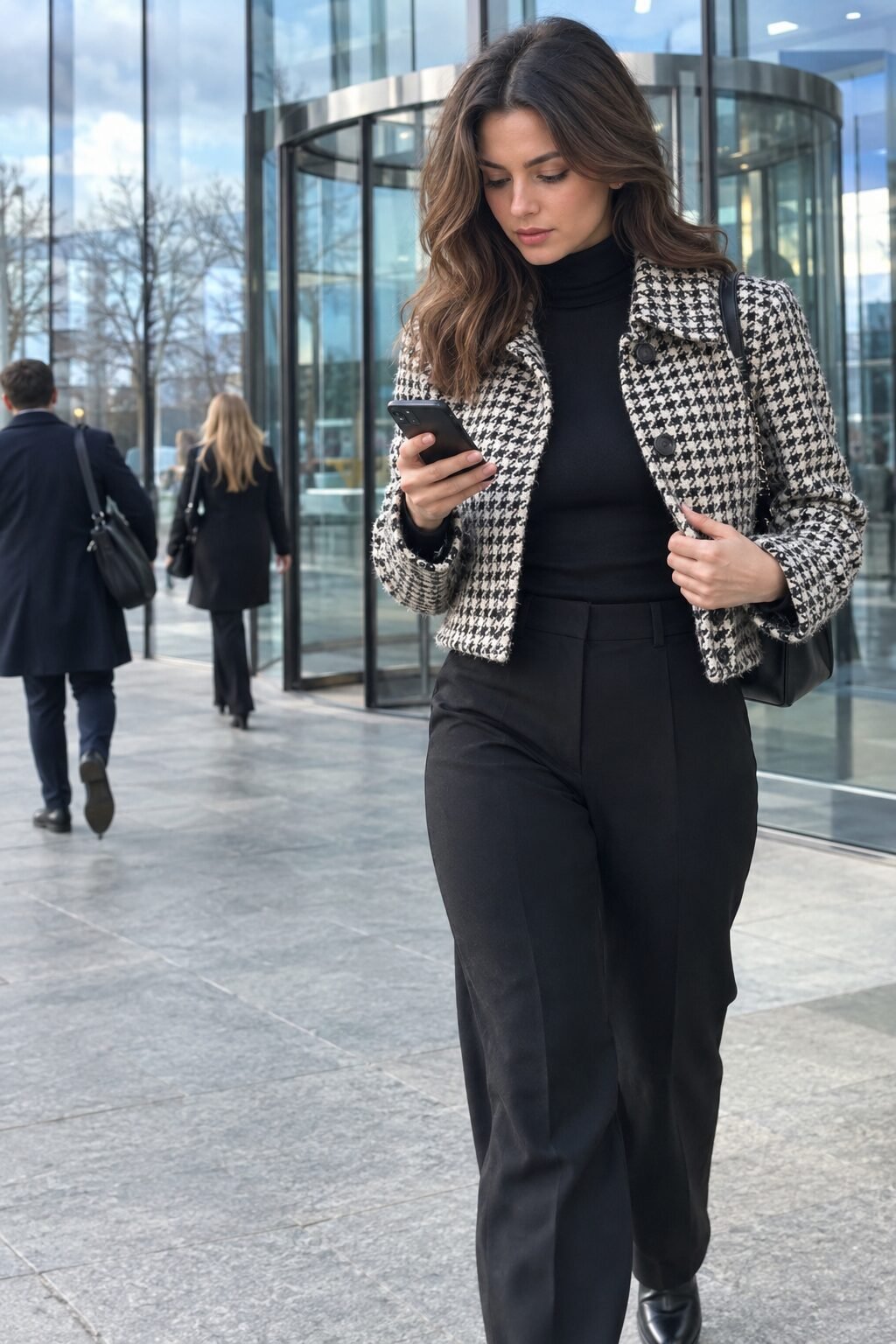cream houndstooth cropped tweed jacket over a black turtleneck bodysuit and black straight trousers, a client-meeting winter outfit