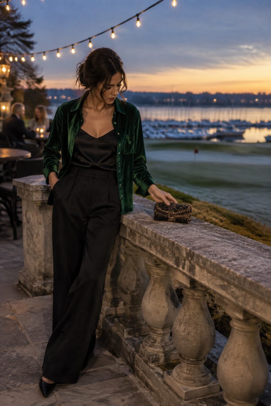 evening winter country club outfit: forest green silk-velvet shirt, black camisole, and wide-leg trousers
