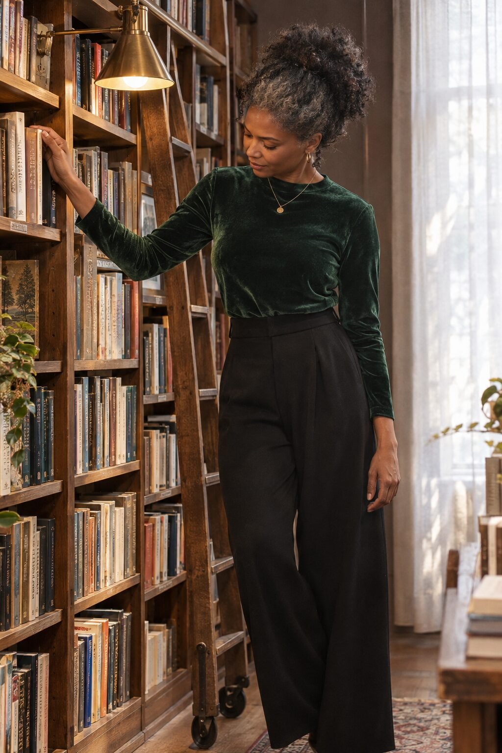 holiday party outfit you already own: forest green velvet shirt with black wide-leg trouser