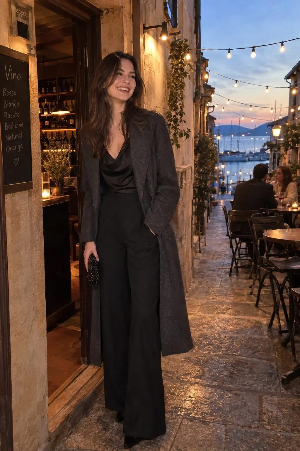 old money winter jacket outfit: heather charcoal wool-cashmere coat over a black silk blouse and wide-leg trousers for evening