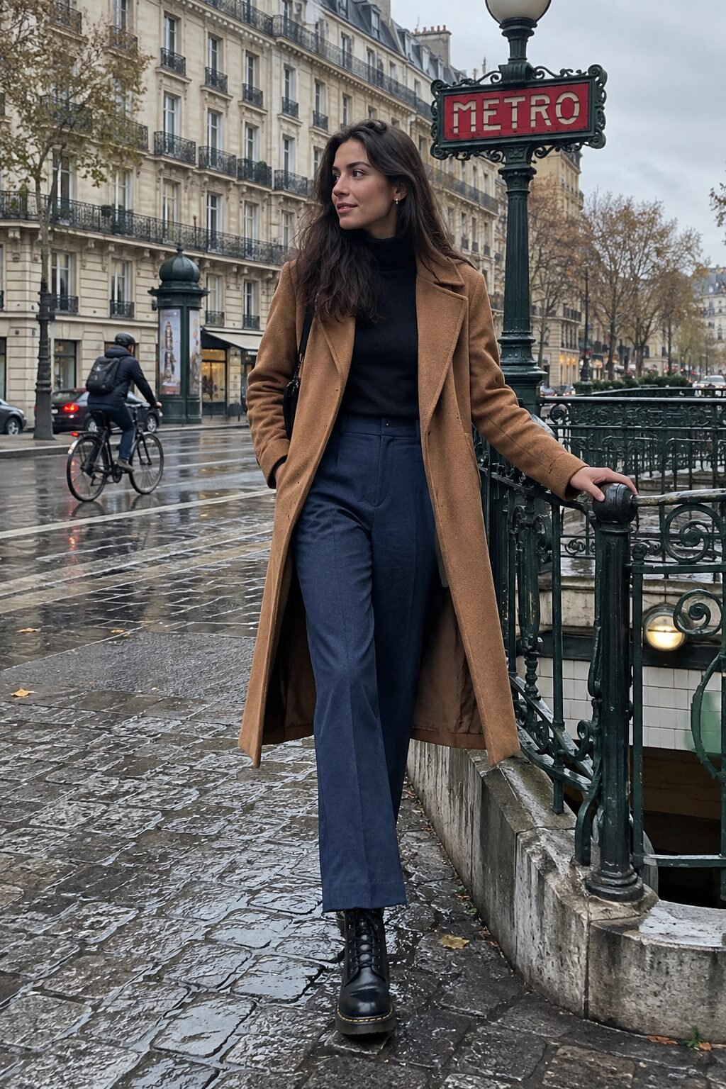woman wearing black leather lace up boots for walking on Paris cobblestones