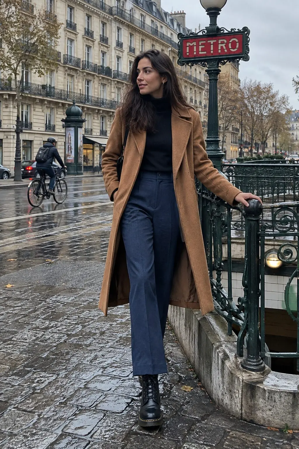 woman wearing black leather lace up boots for walking on Paris cobblestones