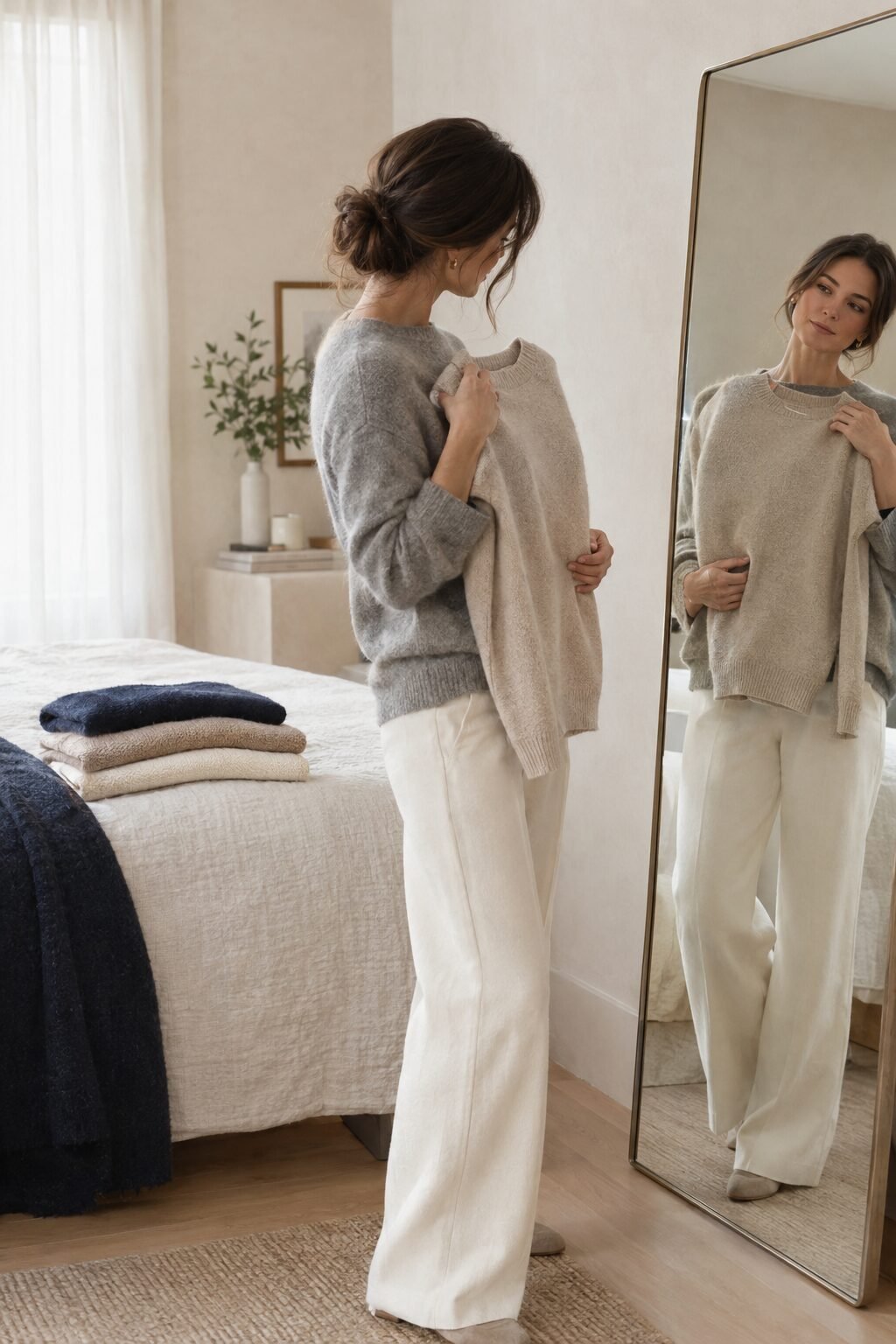 old money fashion style color palette of beige, navy, cream, and soft gray pieces laid out