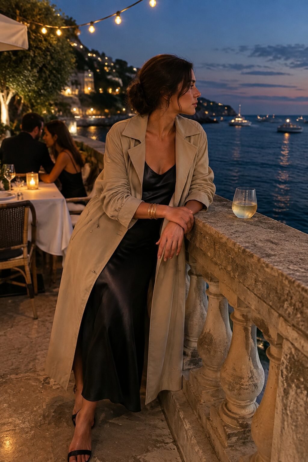 old money outfit with bracelet stacking: stone belted trench over black silk slip dress, layered gold bangles