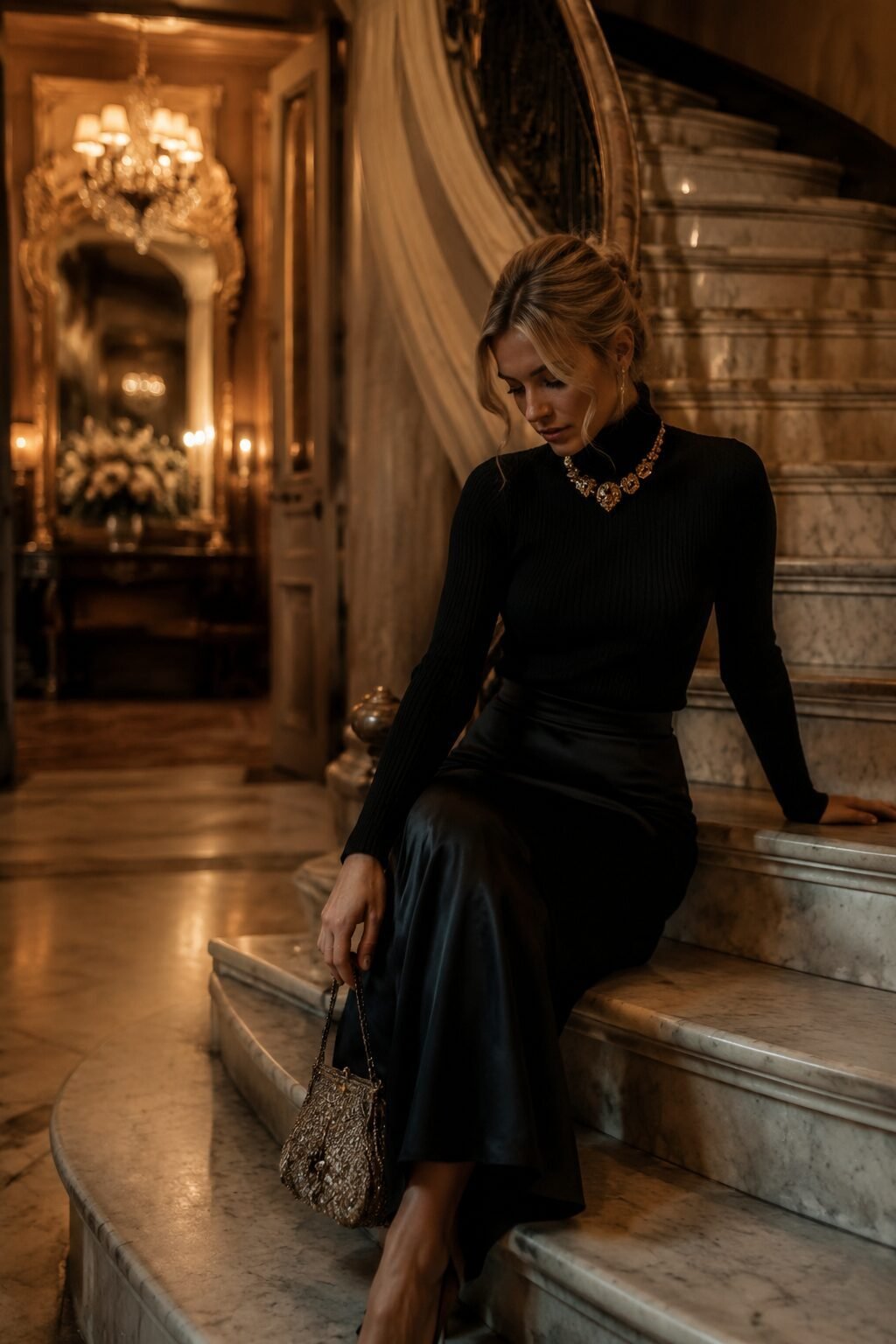 how to style a black turtleneck with statement jewelry and a satin skirt for a Halloween party