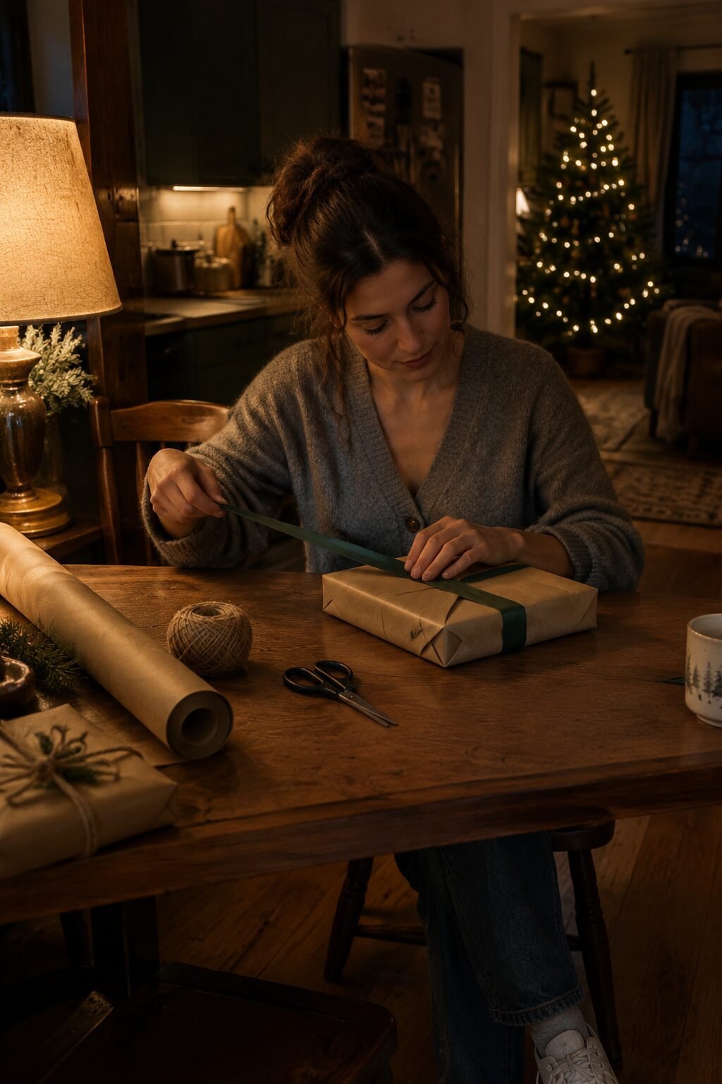 elegant woman wrapping holiday gifts by hand at a kitchen table with tea and warm lamp light