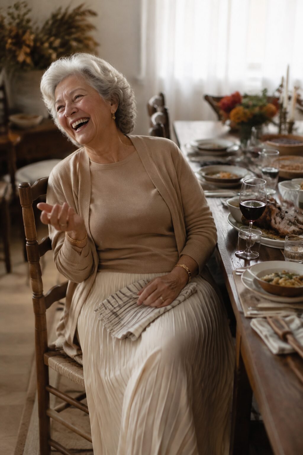 elegant thanksgiving outfit for women in their 70s: camel cashmere twinset and ivory pleated midi skirt for a casual family gathering