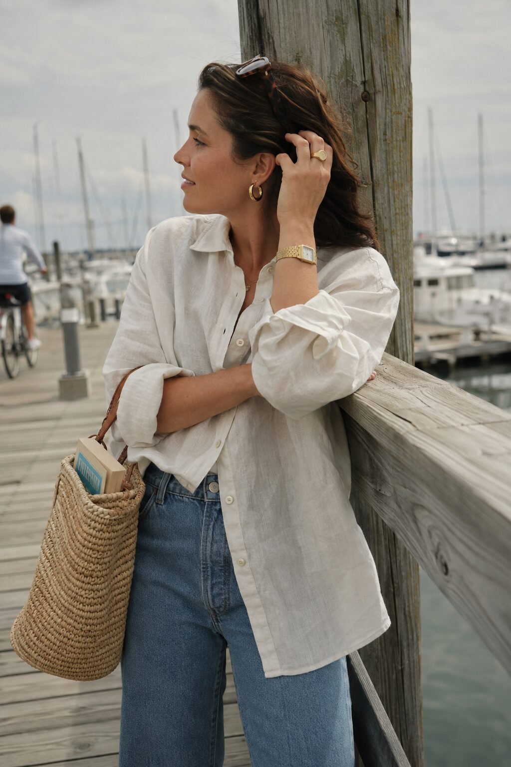 old money jewelry capsule: gold watch, signet ring, and hoop earrings styled for a casual weekend outfit