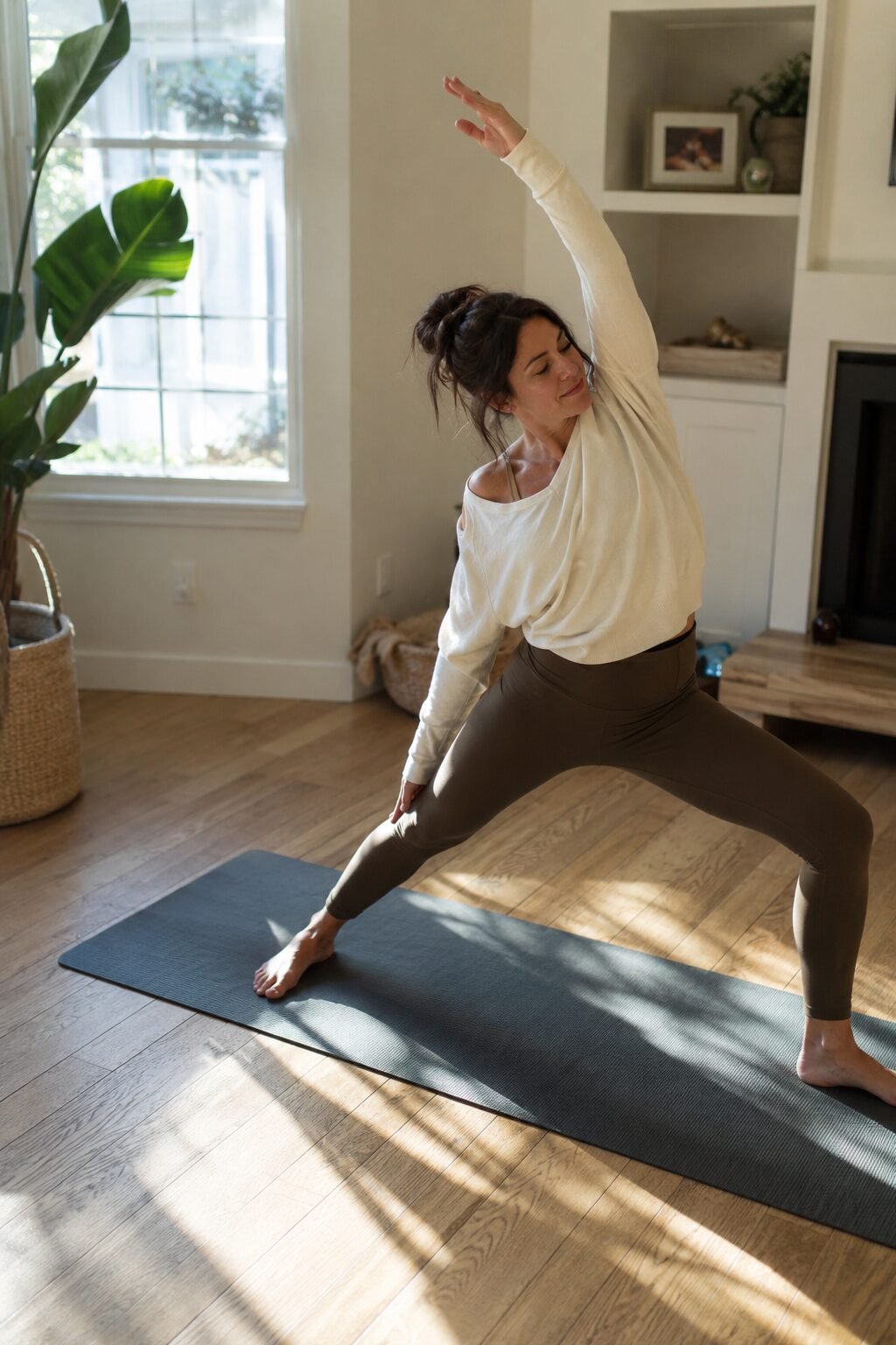 Gentle morning stretch on a yoga mat in soft light