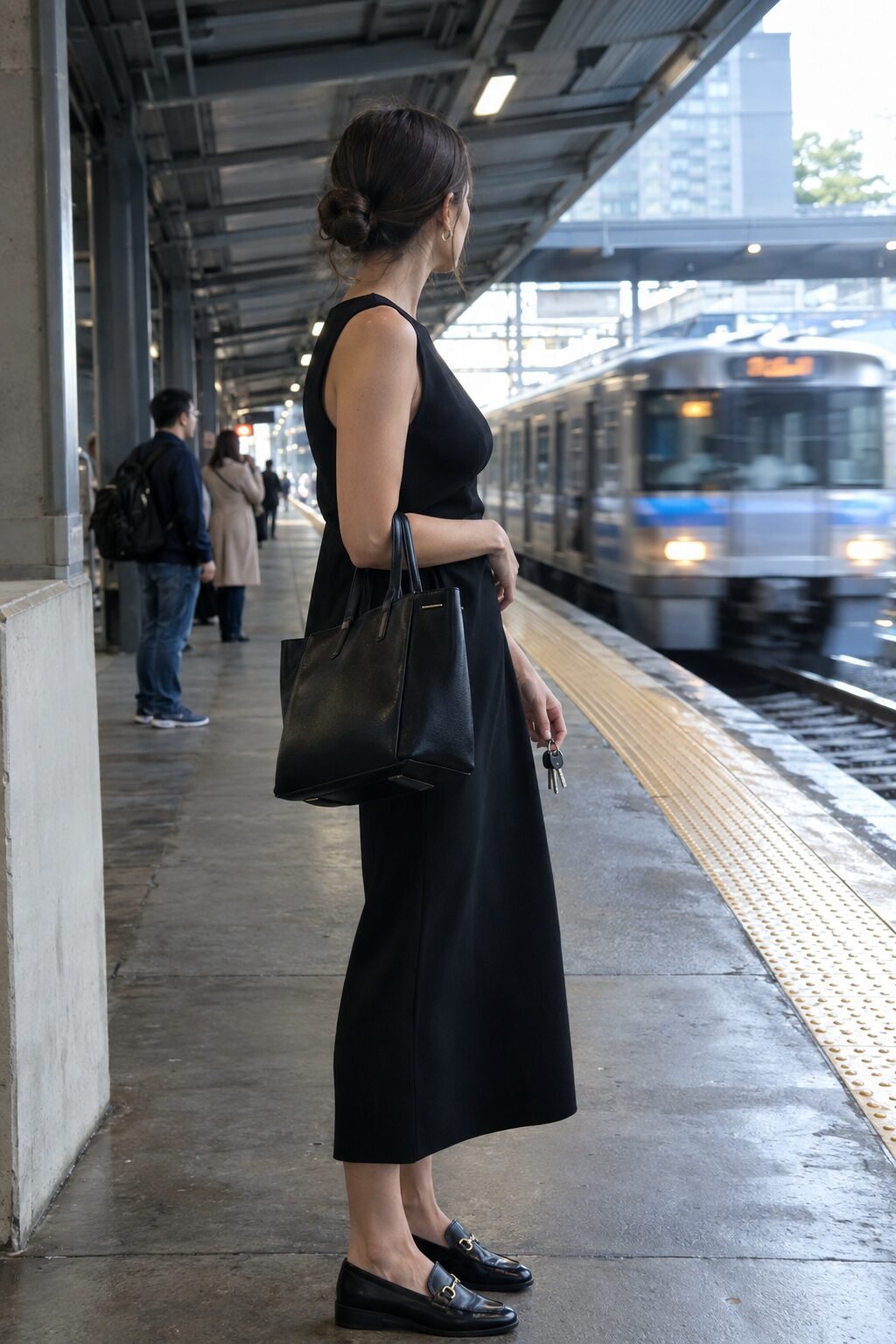 how to style a corporate dress with a structured tote bag: black crepe shift dress with a structured black top-handle tote bag