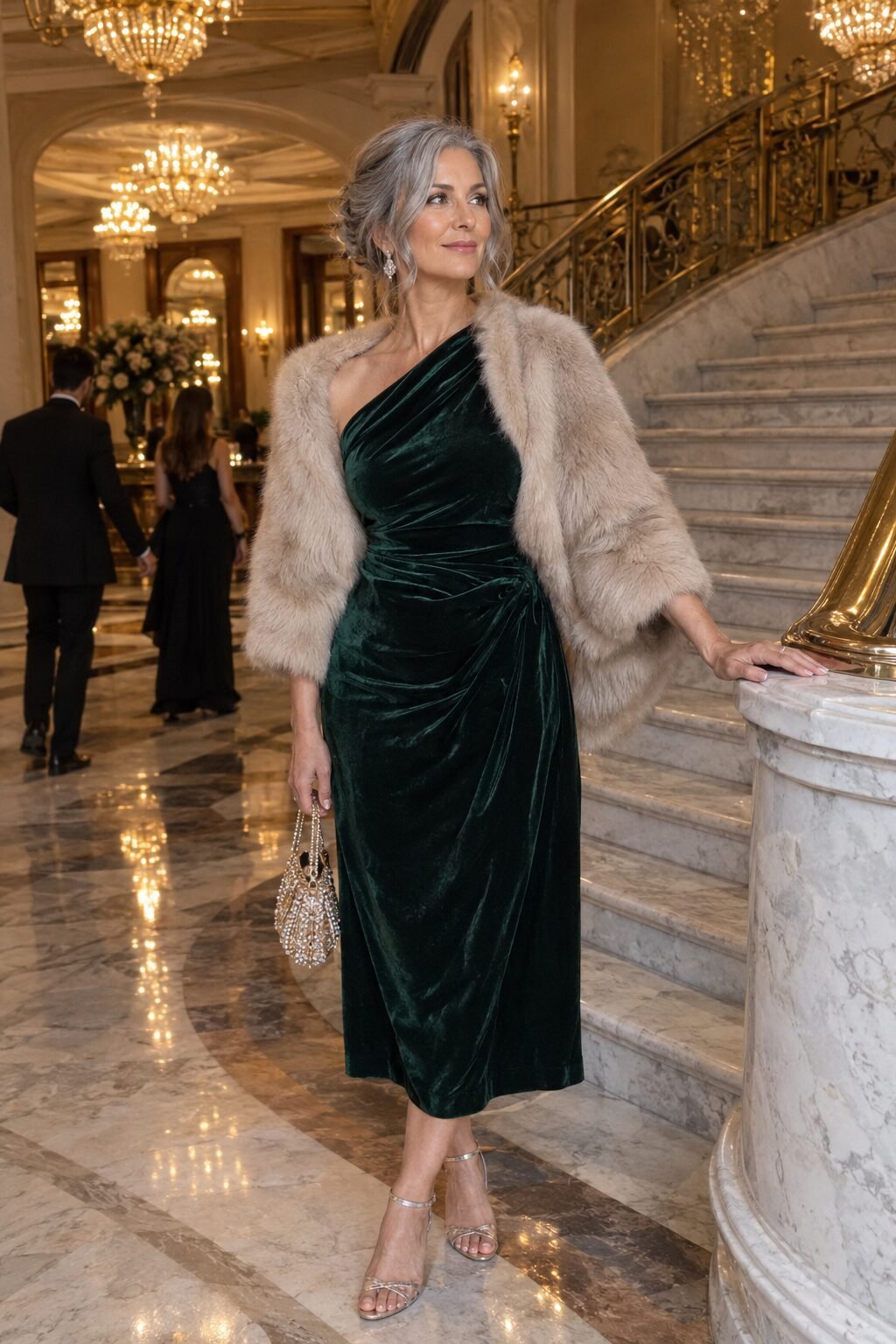 black-tie-optional fall wedding guest outfit: bottle green velvet dress with faux fur wrap