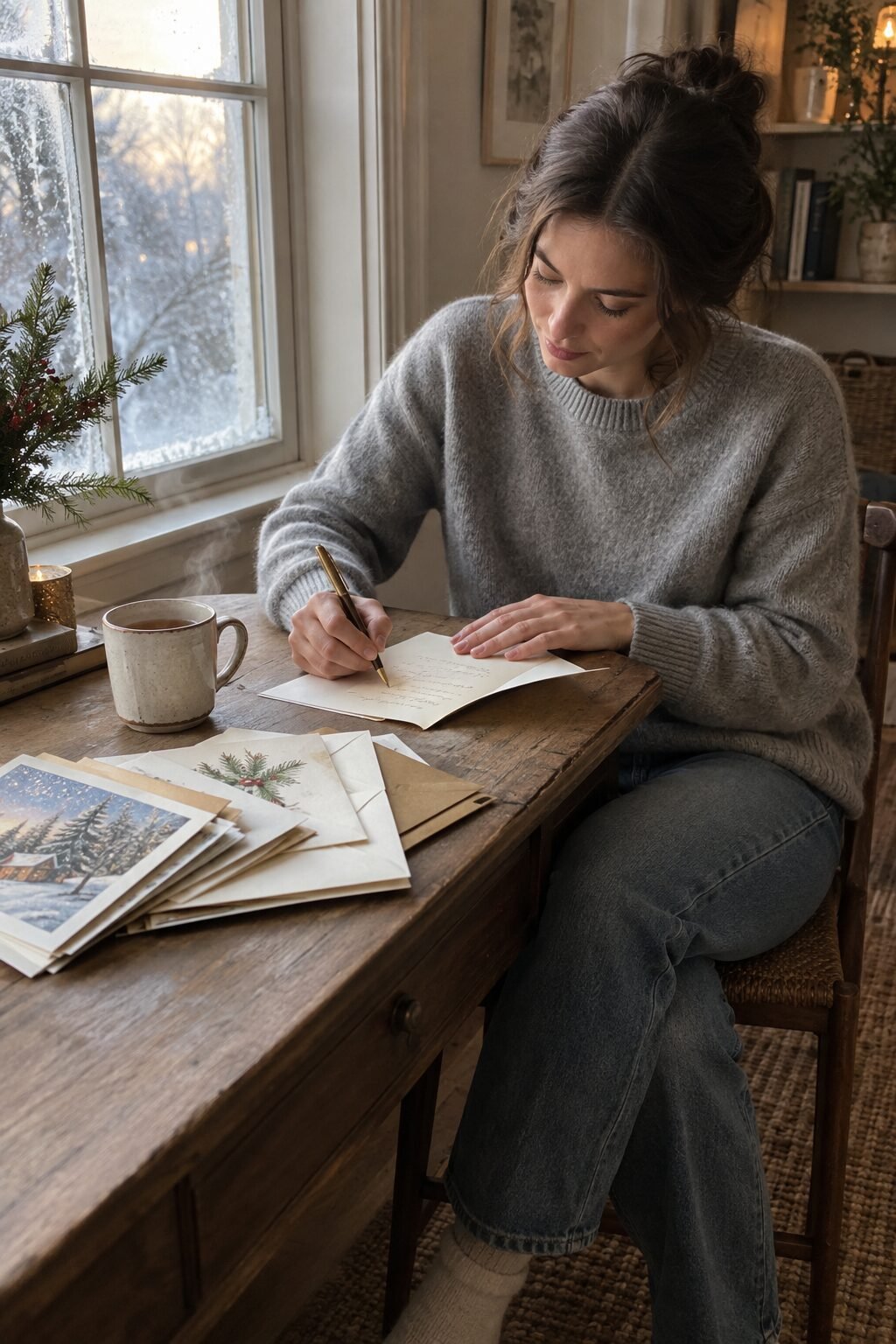woman writing a personalized holiday card by hand at a desk