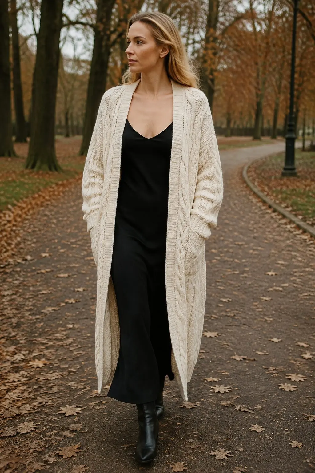 black slip dress layered under an oversized ivory cable-knit cardigan for a cold-weather weekend outfit