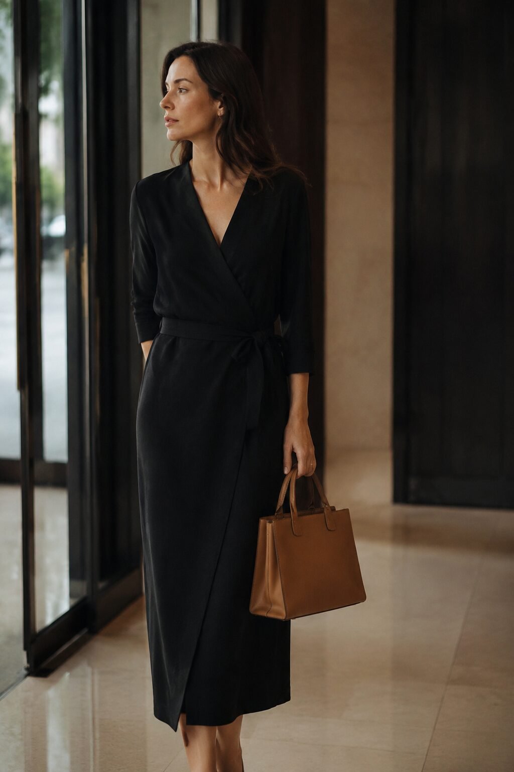 office to dinner black wrap dress outfit with a camel structured top-handle tote
