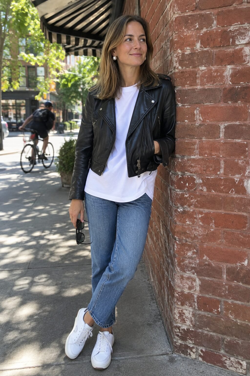old money pearl outfit, un-fusty take: black leather moto jacket, white tee, straight jeans, and oversized pearl studs