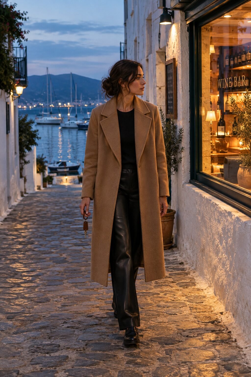 woman wearing a camel wool coat over black faux leather pants for an evening date night