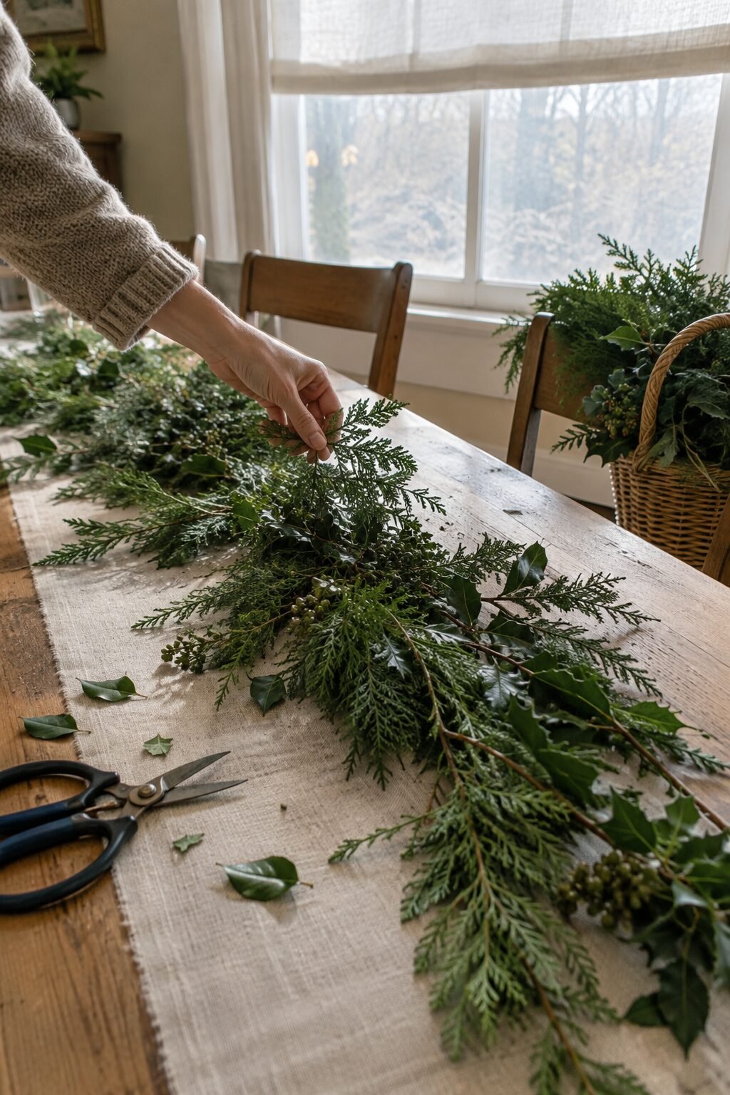 loosely gathered holiday greenery styled along a wood table for a quiet luxury tablescape