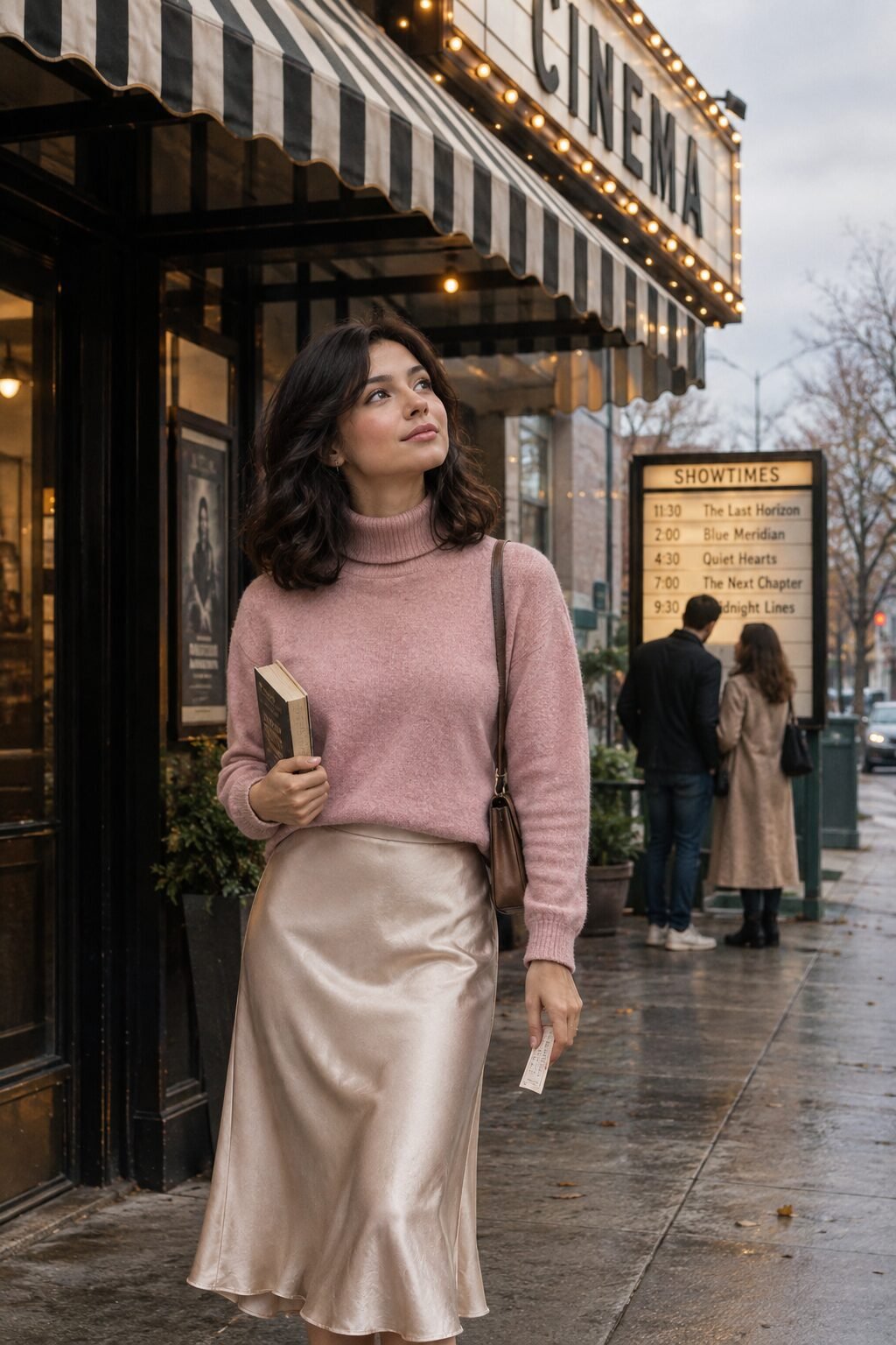 old money valentines day outfit for women: blush cashmere turtleneck with a champagne satin slip skirt