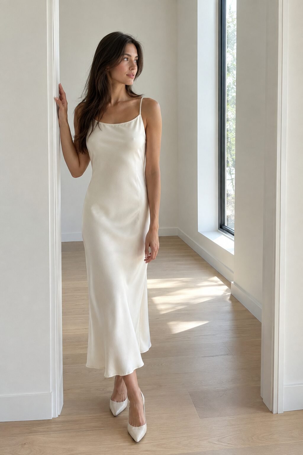 A minimalist ivory slip wedding dress in soft natural light, from-behind composition